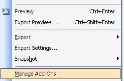 Micro Charts User Guide INSTALLING INOVISTA ADD-ONS 1. Open Xcelsius and select the File menu option. On the menu drop down, select Manage Add- Ons... 2.