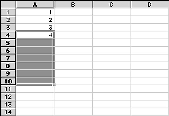 Spreadsheet Tutorial, cont d. Click on cell A4 and hold down the mouse button. Now, drag the mouse down to cell A10.The cells from A5 to A10 should become darkened, while cell A4 remains selected.