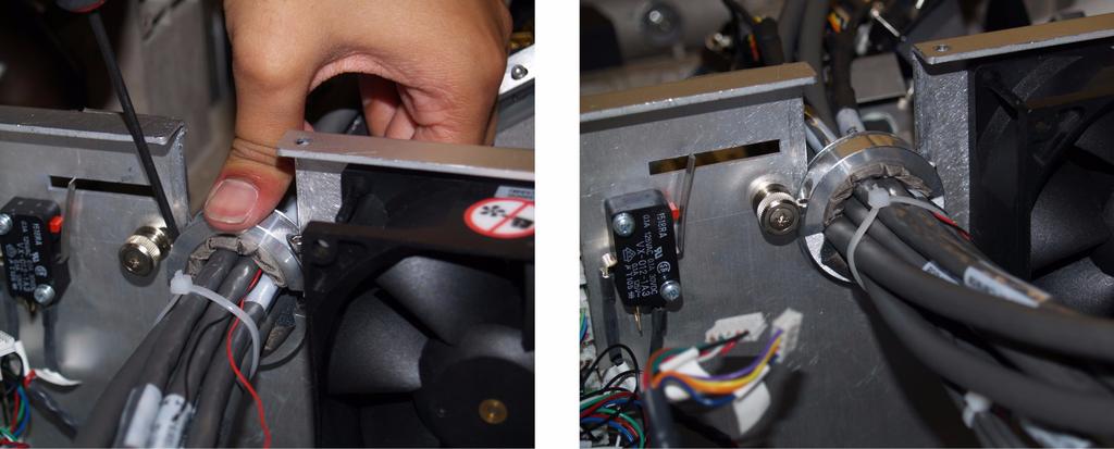 19. As you are tightening the clamp down, ensure the bundle of harnesses are not taut in between the PCB connectors of the formatter boards and the strain relief clamp in the light engine compartment.