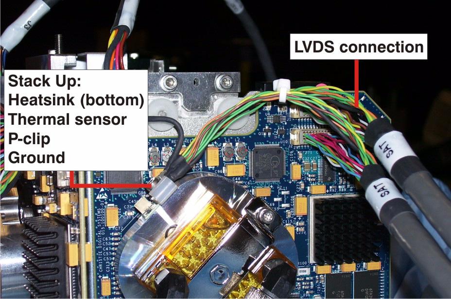 11. Connect the new LVDS cables to the light engine. Each new LVDS cable has a ground that must be connected to the DMD stud (socket head screw).