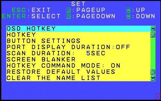 5. OSD Operation F4: SET This function allows you to set up your working environment. When you press [F4] or click on the F4 field, a screen similar to the one below appears: To change a setting: 1.