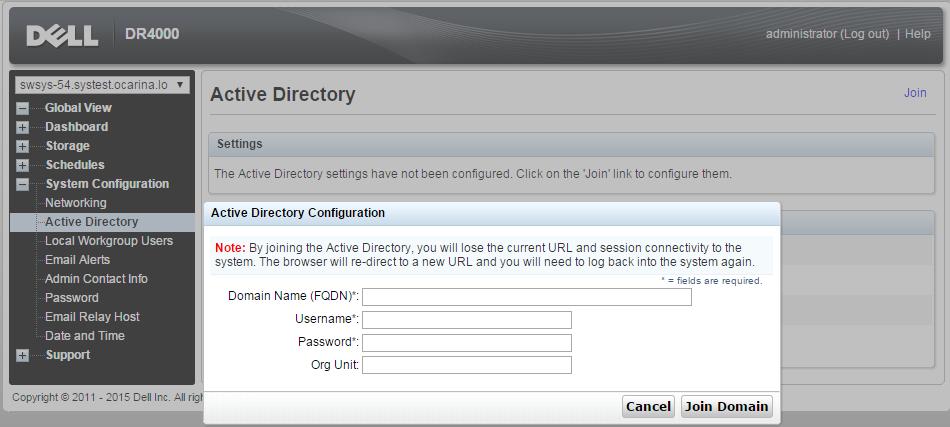 Note: if you do not want to add the DR Series system to Active Directory, see the DR Series System Owner s Manual for guest logon instructions. a. Under System Configuration, select Active Directory from the left navigation area of the DR Series system GUI.
