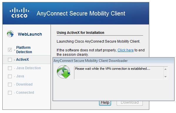 And the VPN connection is being established: The first step for AnyConnect