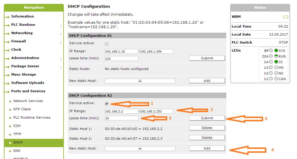 4.3 Activating the DHCP Servers in Gateway PFC Activate the DHCP configuration for port X2 under Ports and Services DHCP as follows: Set service to active