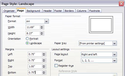 4) On the Page page of the Page Style dialog box (Figure 6), set the Orientation to Landscape. The width and height attributes of the page will automatically change.