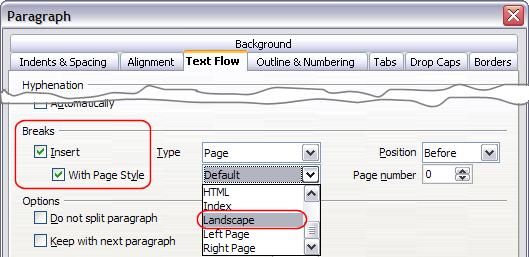 Figure 8: Specifying a page break before a paragraph 3) Position the cursor in the paragraph or table where the page is to return to portrait orientation and change the properties of that paragraph