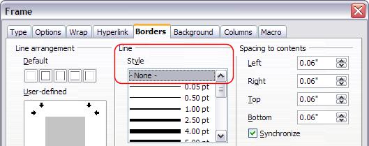Figure 16: Removing the border from a frame Anchoring frames Using the Frame dialog box (or by right-clicking and pointing to Anchor), you can anchor a frame to a page, paragraph, or character, or