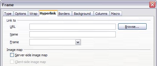 Figure 19: Hyperlink page of the Frame dialog box The Wrap, Borders, Background, Columns, and Macro pages of the Frame dialog box are the same as those for frame styles.