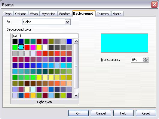 Figure 53: Frame dialog box: Borders page Adding color to the background In the Frame dialog box, choose the Background page.