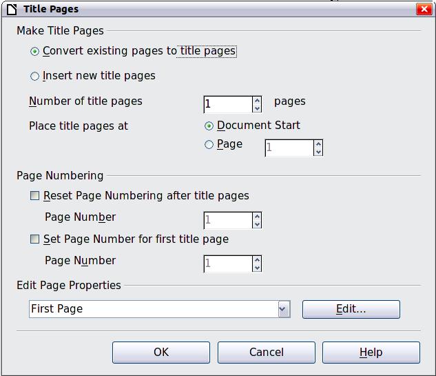 Adding title pages Writer provides a fast and convenient way to add one or more title pages to a document and optionally to restart the page number at 1 for the body of the document.