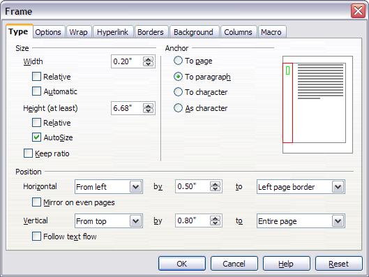 Figure 40: Defining the size and position of the footer frame 6) If your footer has a line above the text, as in this book, on the Borders page, select a right border and