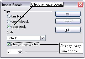 Figure 49: Set the new page number to 1 and the page style to Default. This change is also reflected on the status bar.
