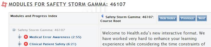 This will bring you to the Modules for Safety Storm Gamma Course Root screen, which will show the Modules and Progress Index, the hide index, previous, next buttons, and information