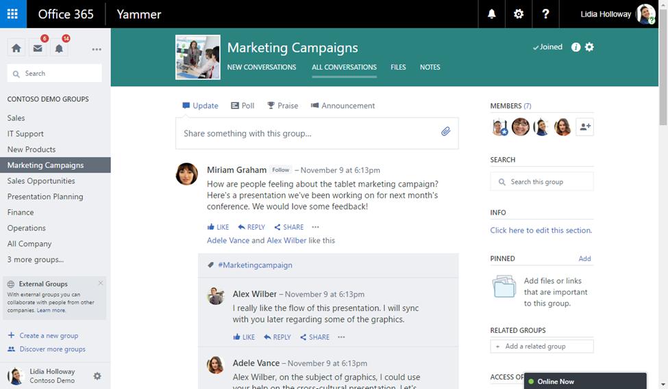This helps you avoid a lengthy and unnecessary email thread and gets you to an answer quickly. Yammer is social media hub for Office 365.