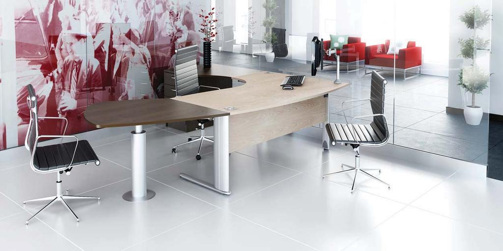 Bow Fronted Crescent Workstation This executive suite is created with the addition of a bow extenstion meeting table and curved desk high pedestal.