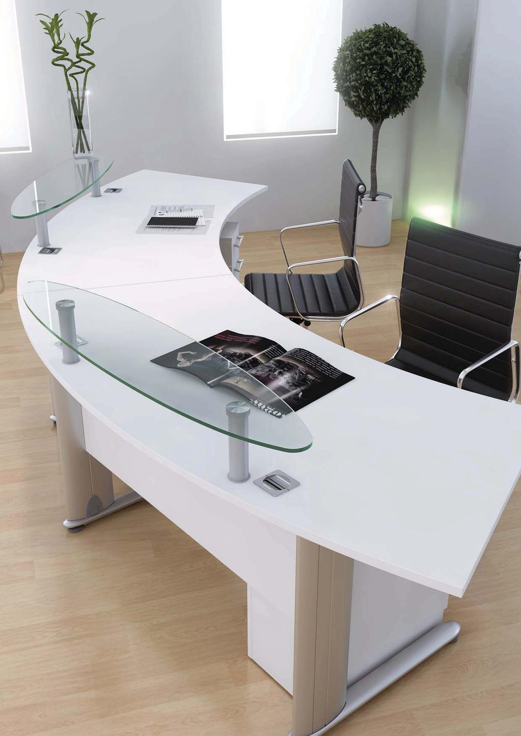 OPRR20 2000mm Radius Reception Desk White MFC DMPF/N+SLB 3 Drawer Narrow Mobile Pedestal With Slab Handles White MFC RSG14 1400mm Glass Reception Shelf OSUD16/6+SLB Desk High Combi