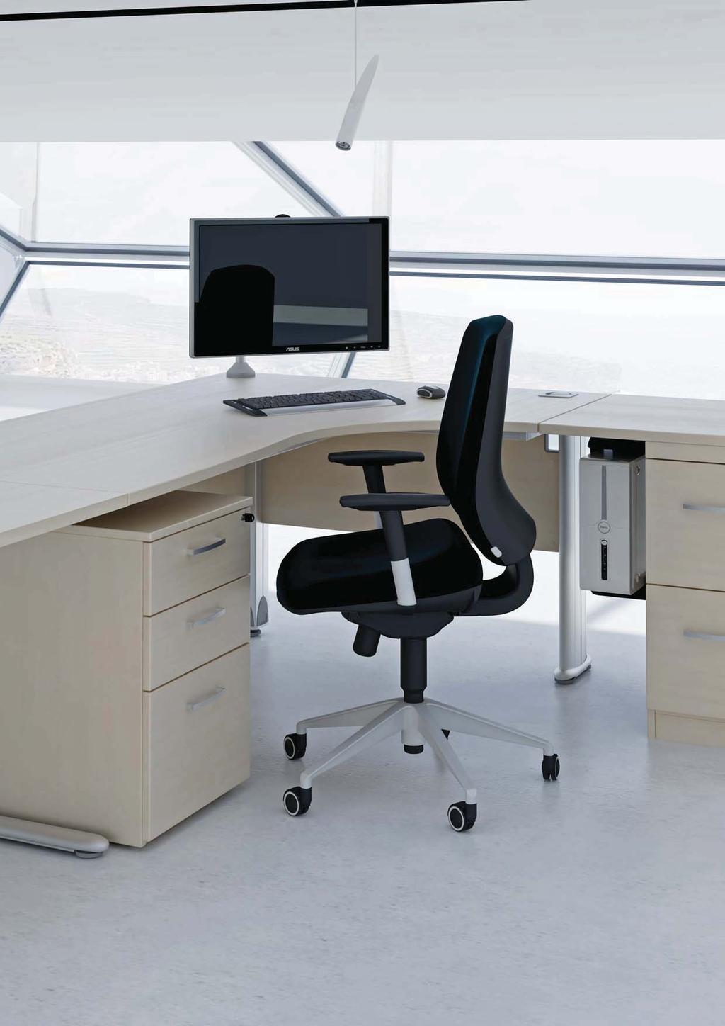 Crescent Workstation Suitable for a managerial or executive position, the Crescent workstation provides space and ergonomics for the user.