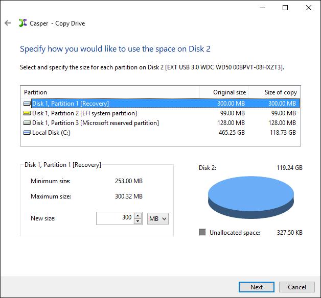 4. When prompted to specify how the additional space on the new hard disk is to be used, retain the default selection and click Next.