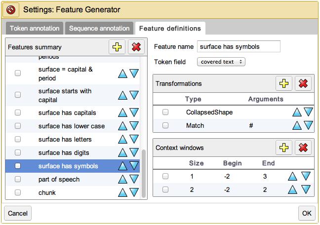 Each feature definition consists of a name, a token field, an optional list of token field transformations, and an optional set of context windows.