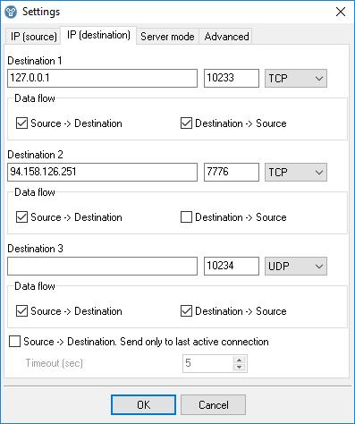 TCP Splitter 10 Data direction is a parameter that you can use to forbid data transmission in one of the directions (from the data source to the data recipient, or vice versa).