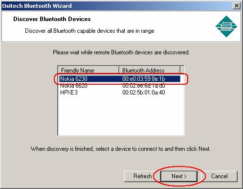 2. The Ositech Bluetooth Wizard will now display a list of all Bluetooth devices that it has discovered in your vicinity.