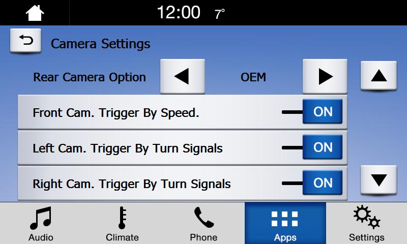 Interface Camera Settings The Camera Settings allows you to do the following: Rear Camera Option: Chose between OEM and Aftermarket. Front Cam. Trigger By Speed.