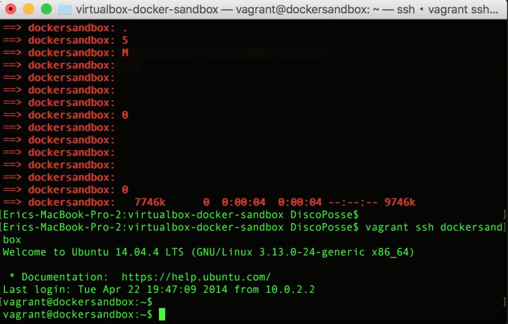 Now we can use vagrant ssh dockersandbox to get onto the console and confirm our environment: You ve