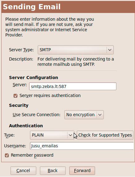 6. Pasirinkite Server type SMTP. Įveskite visą elektroninio pašto adresą laukelyje Username. Įrašykite smtp.zebra.