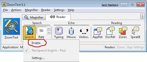 ZoomText Reader Speech Settings Dialogue Click the "Speech" icon, then the "Settings" menu item (bottom of menu) to bring