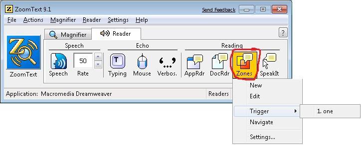 The user can click the "New" menu item to create a new zone for the application that is active, or click the "Edit" menu item to edit an existing zone for the active application.