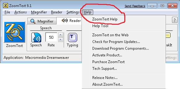 ZoomText Hot Keys Click on the "Help" menu at the