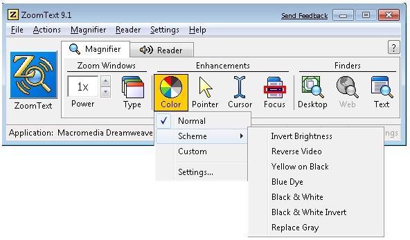 ZoomText Magnifier Tab, Color Drop Down Menu, Settings Menu Item When the "Settings" menu item is selected under the "Color" icon, the following box appears.