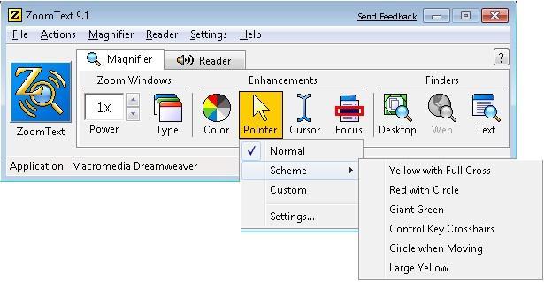 ZoomText Magnifier Tab, Cursor Drop Down Menu Click the "Cursor" icon and a drop down menu appears. Click on the "Scheme" menu item and a sub menu appears.