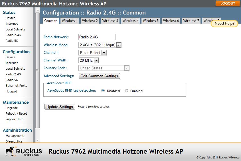Configuring the Access Point Configuring Wireless Settings Figure 29. The Configuration > Wireless > Common page To configure the wireless settings common to all WLANs 1.