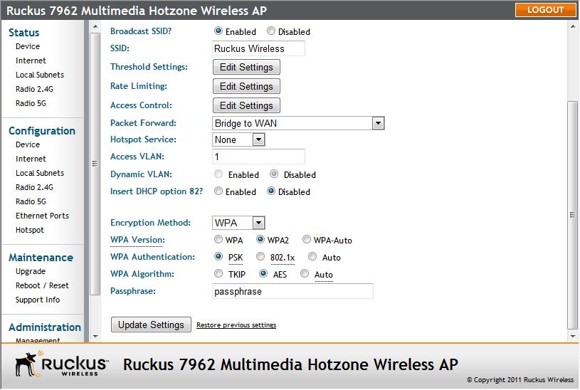 Configuring the Access Point Configuring Wireless Settings Figure 33. WPA settings To configure WPA encryption settings 1. Go to Configuration > Wireless.