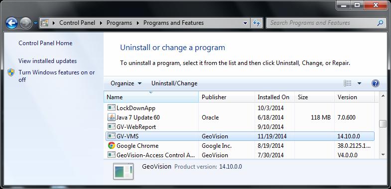 1.6 Uninstalling and Upgrading GV-VMS GeoVision will periodically release software updates on our website. Before installing software upgrade, be sure to uninstall GeoVision Software first.