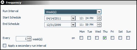 Selecting the Run Interval to Weeks will change the Scheduling tool s Frequency view to the following: Start and End Schedule indicate when the report will start and