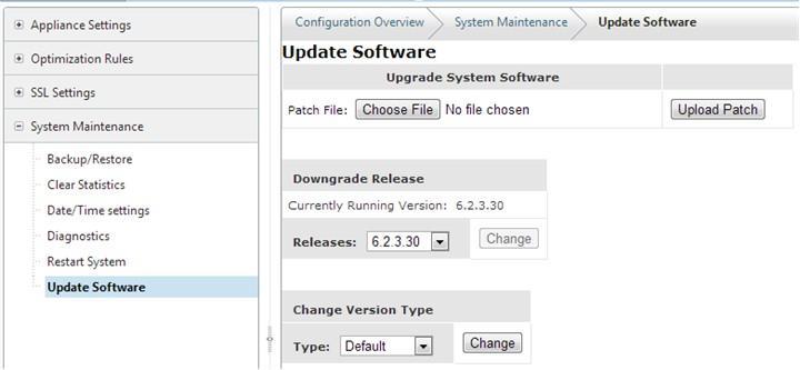 CloudBridge 7.4.2 Release Notes 7. Licensing, Upgrading, and Downgrading Figure 1 Update Software Page The patch file is then copied to your appliance and tested for integrity.