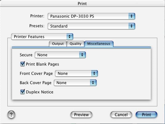 Configuring the Printer Driver Settings (Macintosh) Mac OS X Miscellaneous Tab: (DP-2330/3030/3530/4530/6030) <For Mac OS X 10.1> <For Mac OS X 10.2> Printer Section 1.