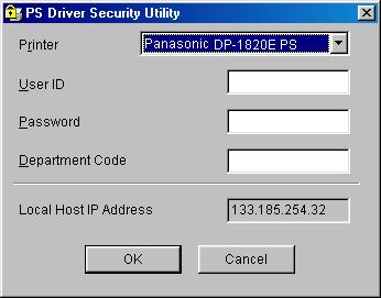 Configuring the PS Driver Security Utility Windows 98/Me/NT/2000/XP/Server 2003 Selecting Panasonic PS Printer Driver PS Driver Security Utility from Programs on the Start menu.