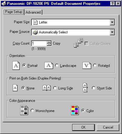 Windows NT 4.0 (User) Page Setup Tab Printing from Windows Applications Printer Section 1. Paper Size Select a document size. 2.