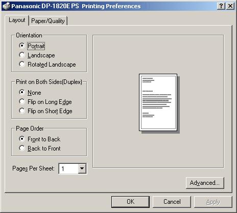 Layout Tab Printing from Windows Applications Windows 2000/Windows XP/Windows Server 2003 (User) Printer Section 1. Orientation Select the print orientation (Portrait/Landscape/Rotated).
