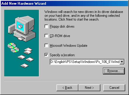 Installing the Printer Driver Connecting with a USB Cable (Windows 98) The New Hardware Found dialog box appears 8 for a brief moment, followed by the Add New Hardware Wizard dialog box.