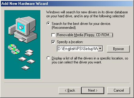 Installing the Printer Driver Connecting with a USB Cable (Windows Me) Select Specify a location and type 4 D:\English\PS\Setup\Windows\Ps_106_E\ WinUsbDrv (where "D:" is your CD-ROM drive).