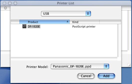 Connecting with a USB Cable (Mac OS X) Installing the Printer Driver 3 1. Select USB. 2. Select your printer. 3. Select Auto Select or Panasonic_DPxxxxx.ppd from the Printer Model menu. 4.