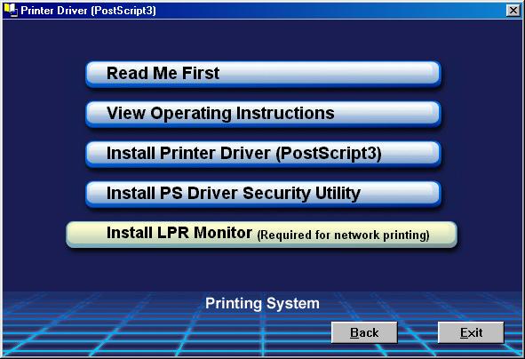Installing the LPR (Line Printer Remote) Monitor Windows 98/Windows Me 1 Insert the Panasonic Printing System CD-ROM. 2 Click on the desired language. Note: 1.