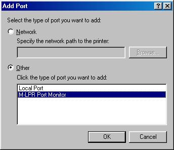 Installing the LPR (Line Printer Remote) Monitor Windows 98/Windows Me The Add Port dialog box appears.