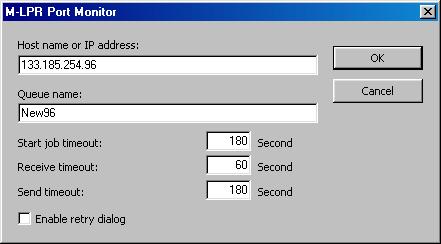 13 Type the IP Address of the machine in the Host name or IP address: text box and the queue name (e.g. New105) in the Queue name: text box. Printer Section Click the OK button.