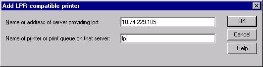 Installing the LPR (Line Printer Remote) Monitor Windows NT 4.0 10 The Add LPR compatible printer dialog box appears.