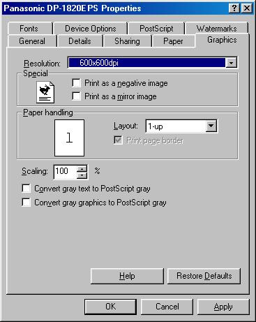 Windows 98/Windows Me Graphics Tab Configuring the Printer Driver Settings Printer Section 1. Resolution Select the resolution you want for printing (300/600/1200dpi Enhanced). 2.